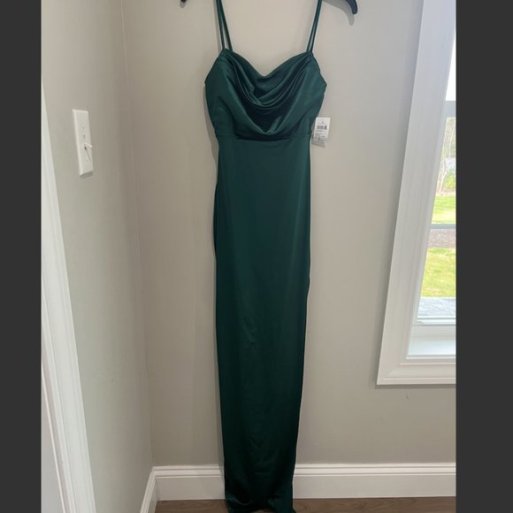 sachin and babi light blue dress Satin High Leg Slit Gown with Open Back. Elegant Off-the-Shoulder Dress  with Draped Bodice Sale main image 0